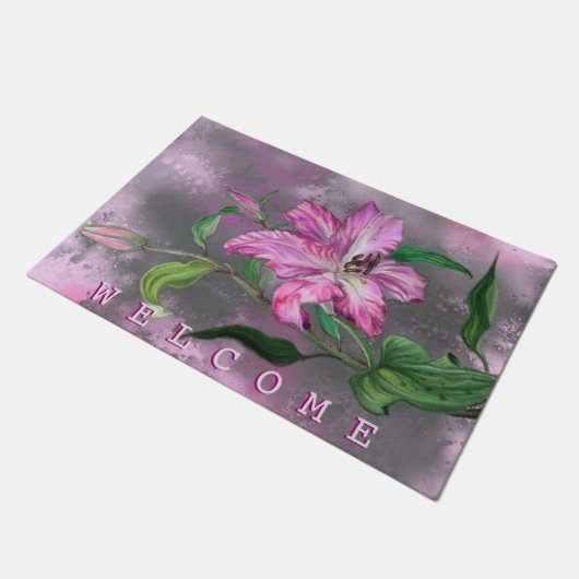 Paarse Roze Lelie Bloemen Deurmat Welkomsttekst (Schuin)
