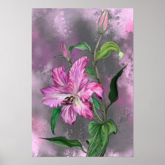Paarse roze Lily Flowers Poster schilderen (Voorkant)