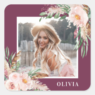 Paarse Roze meisjesachtige bloemige foto verjaarda Vierkante Sticker