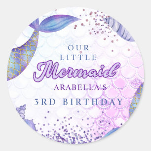 Paarse roze moderne glitter zeemeermin verjaardag ronde sticker
