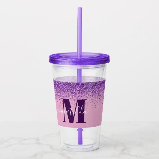 Paarse roze, moderne glittersparkle monogram  acryl drinkbeker (Voorkant)