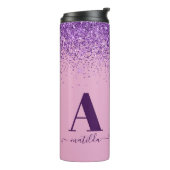 Paarse roze, moderne glittersparkle monogram thermosbeker (Gedraaid links)