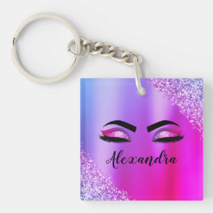 Paarse roze monogram Glitter Eyelashes Modern Sleutelhanger
