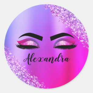 Paarse Roze Monogram Glitter Wimpers Modern Ronde Sticker