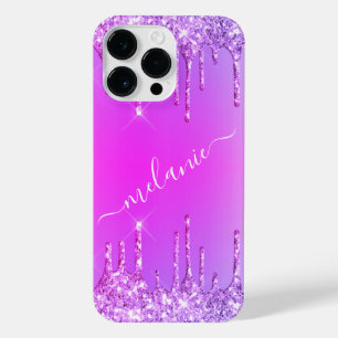 Paarse Roze Neon Glitter Aangepaste Naam iPhone Ca 14 Pro Max Hoesje