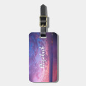 Paarse roze oceaan zonneset, aangepast naamscript bagagelabel (Voorkant verticaal)