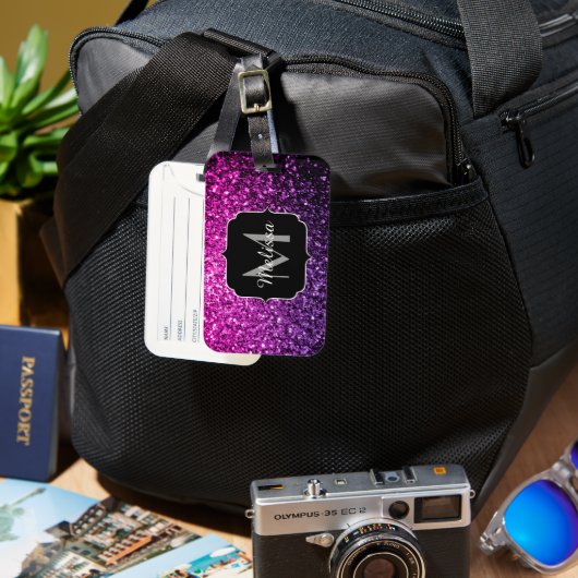 Paarse roze ombre faux glitter sparvers Monogram Bagagelabel (Voorkant & Achterkant)
