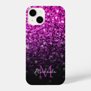 Paarse roze ombre faux sparkles Monogram iPhone 14 Hoesje