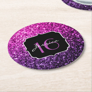 Paarse roze ombre glitter sparkles Sweet 16 Ronde Kartonnen Onderzetter