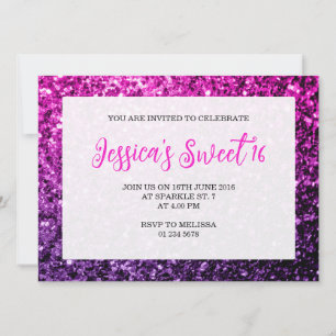 Paarse roze ombre sparkles Sweet 16 elegant script Kaart