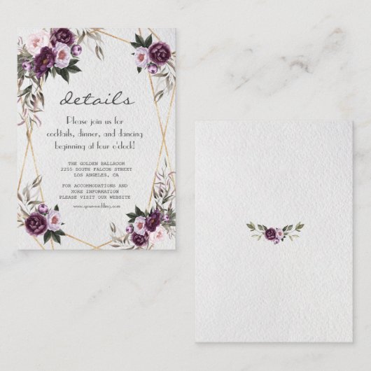 Paarse Roze Pioen Bloemen Gouden Trouwdetails Informatiekaartje (Voorkant / Achterkant)