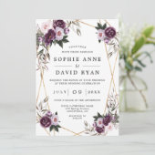 Paarse Roze Pioen Roze Goud All In One Trouwen Kaart (Staand voorkant)