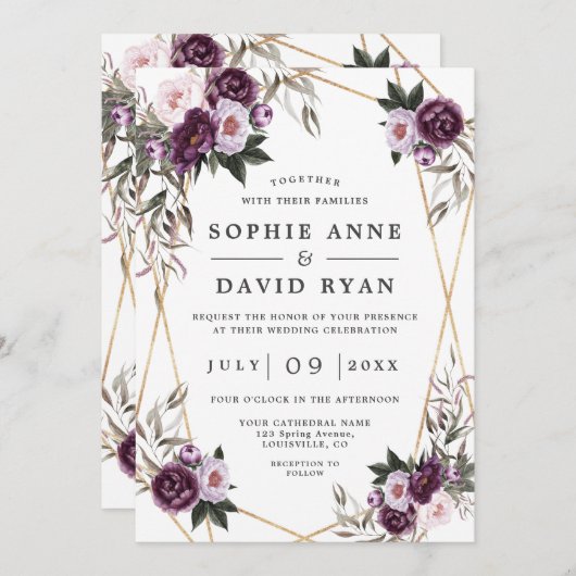 Paarse Roze Pioen Roze Goud All In One Trouwen Kaart (Voorkant / Achterkant)