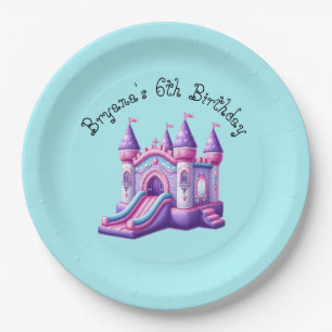 Paarse Roze Prinsessen Kasteel Springhuis Feest Papieren Bordje