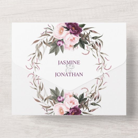 Paarse roze pruimenbonnen | all in one uitnodiging (Achterkant)