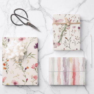Paarse Roze Rode Bloemen Vlinders Bruids Bruiloft Inpakpapier Vel
