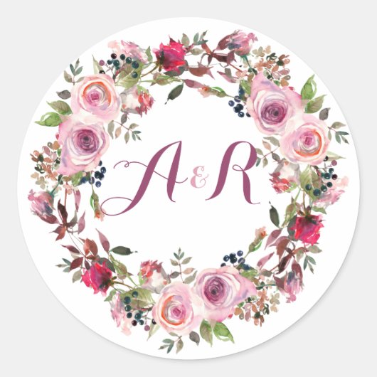Paarse Roze Rose Bloemen Monogram Bruiloft Ronde Sticker (Voorkant)