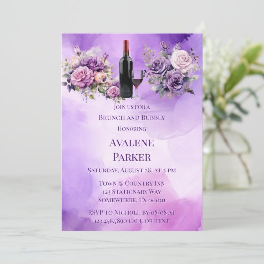 Paarse Roze Roze Alcohol Tuin Brunch & Bubbly Kaart (Staand voorkant)