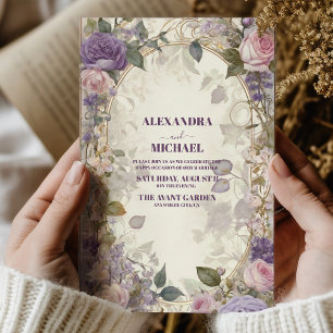 Paarse Roze Rozen Bloemenbruiloft Kaart