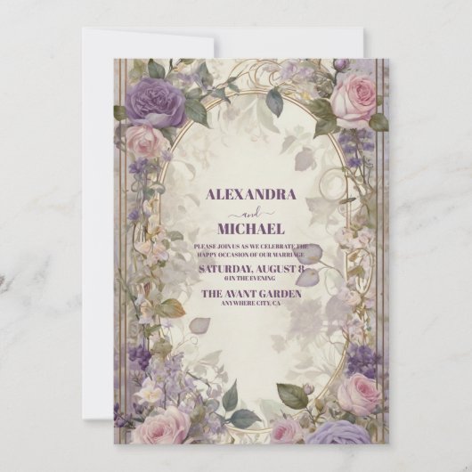 Paarse Roze Rozen Bloemenbruiloft Kaart (Voorkant)