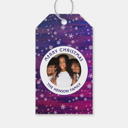 Paarse roze Rustige Wood Snowflake kerstfoto Cadeaulabel (Voorkant)