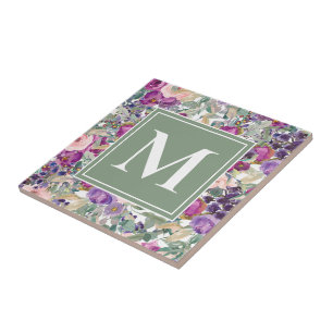 Paarse Roze Salie Groene Boho Bloemen Monogram Tegeltje