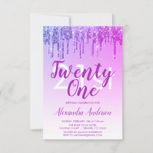Paarse roze sparkle Glitter 21st Birthday Party Kaart (Voorkant)