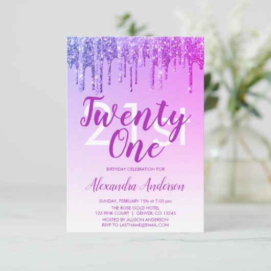 Paarse roze sparkle Glitter 21st Birthday Party Kaart (Staand voorkant)