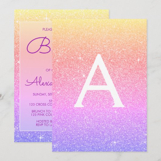 Paarse Roze Sparkle Glitter Doopuitnodiging Kaart (Voorkant / Achterkant)