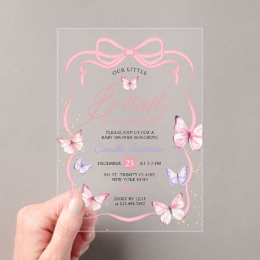 Paarse Roze Strik Vlinder Meisje Baby Shower Acryl Uitnodigingen (Insitu (Draagbaar))