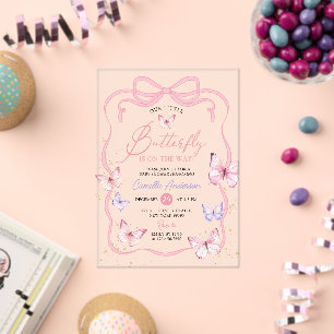 Paarse Roze Strik Vlinder Meisje Baby Shower Acryl Uitnodigingen