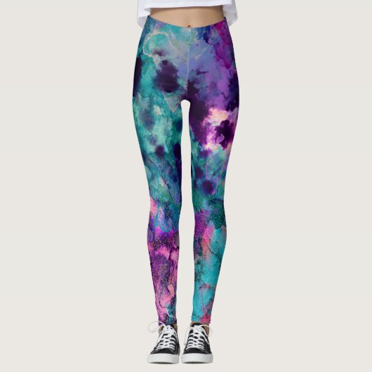 Paarse roze Turquoise Blue Inky Splatter Mode Leggings (Voorkant)
