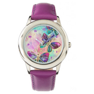 Paarse roze vliegende vlinders horloge