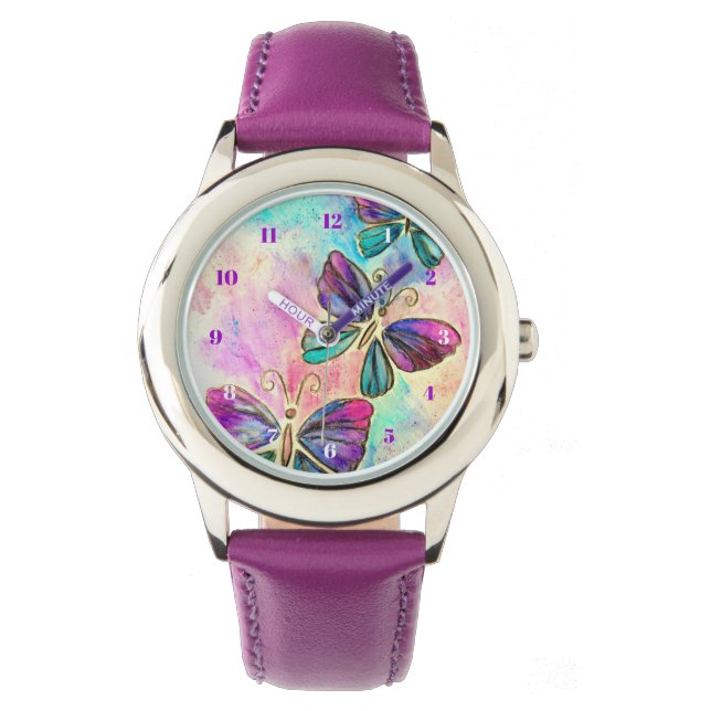 Paarse roze vliegende vlinders horloge (Voorkant)