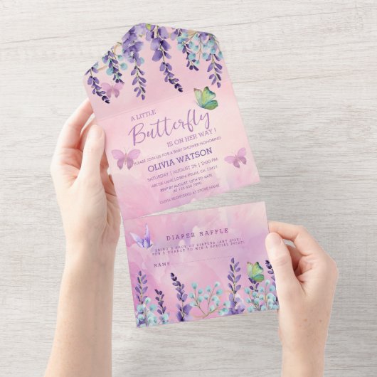 Paarse roze vlinder Baby shower All In One Uitnodiging (Afscheurbaar)