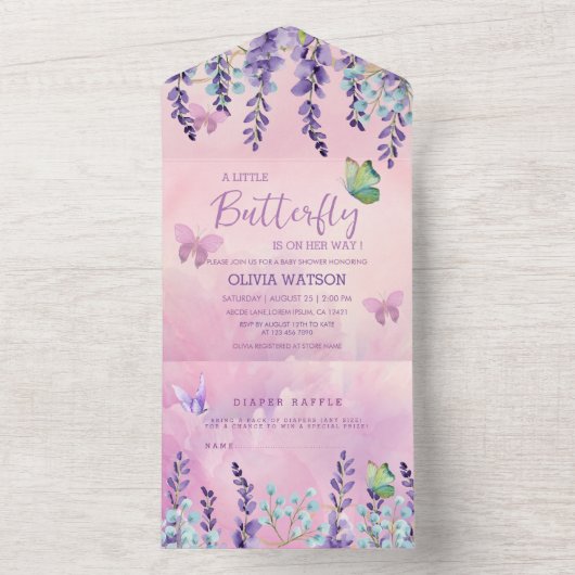 Paarse roze vlinder Baby shower All In One Uitnodiging (Binnen)