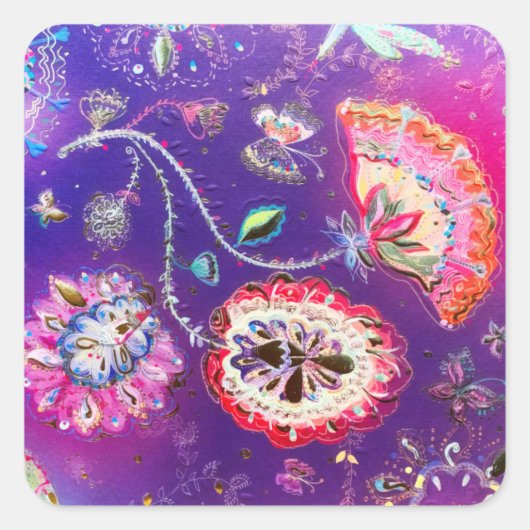 Paarse roze vlinder Floral Tuin Vierkante Sticker (Voorkant)