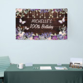 Paarse roze vlinder Rustic 100th Birthday Spandoek (Beurs)