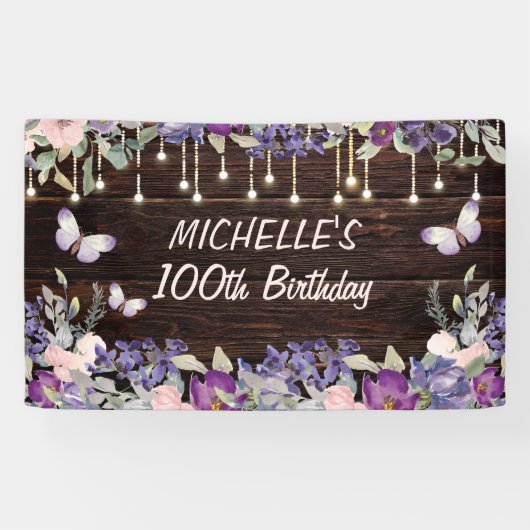 Paarse roze vlinder Rustic 100th Birthday Spandoek (Horizontaal)
