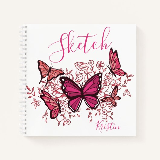 Paarse roze vlinders met de naam ketchbook notitieboek (Voorkant)
