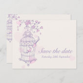 Paarse roze vogelkooi bruiloft save the date kaart (Voorkant / Achterkant)