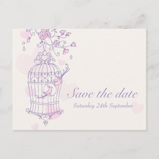 Paarse roze vogelkooi bruiloft save the date kaart (Voorkant)