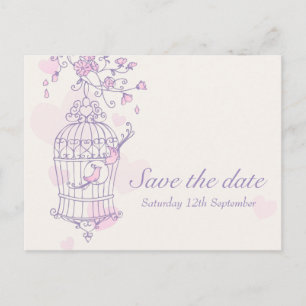 Paarse roze vogelkooi bruiloft save the date kaart