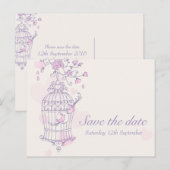Paarse roze vogelkooi bruiloft save the date kaart (Voorkant / Achterkant)