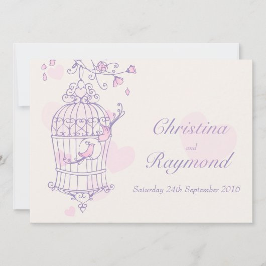 Paarse roze vogels open uitnodiging voor een bruil (Voorkant)