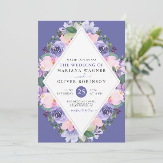 Paarse Roze Waterverf Bloem Bruiloft Kaart (Staand voorkant)