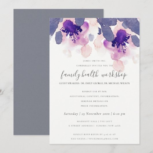 PAARSE ROZE WATERVERF BLOEMEN WORKSHOP EVENEMENT KAART (Voorkant / Achterkant)