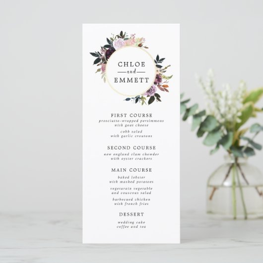 Paarse roze Waterverf bloemenbruiloft Menu (Staand voorkant)