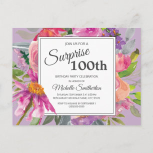 Paarse roze Waterverf Floral 100e verjaardag Briefkaart