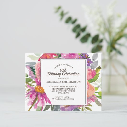 Paarse roze Waterverf Floral 60e verjaardag Briefkaart (Staand voorkant)